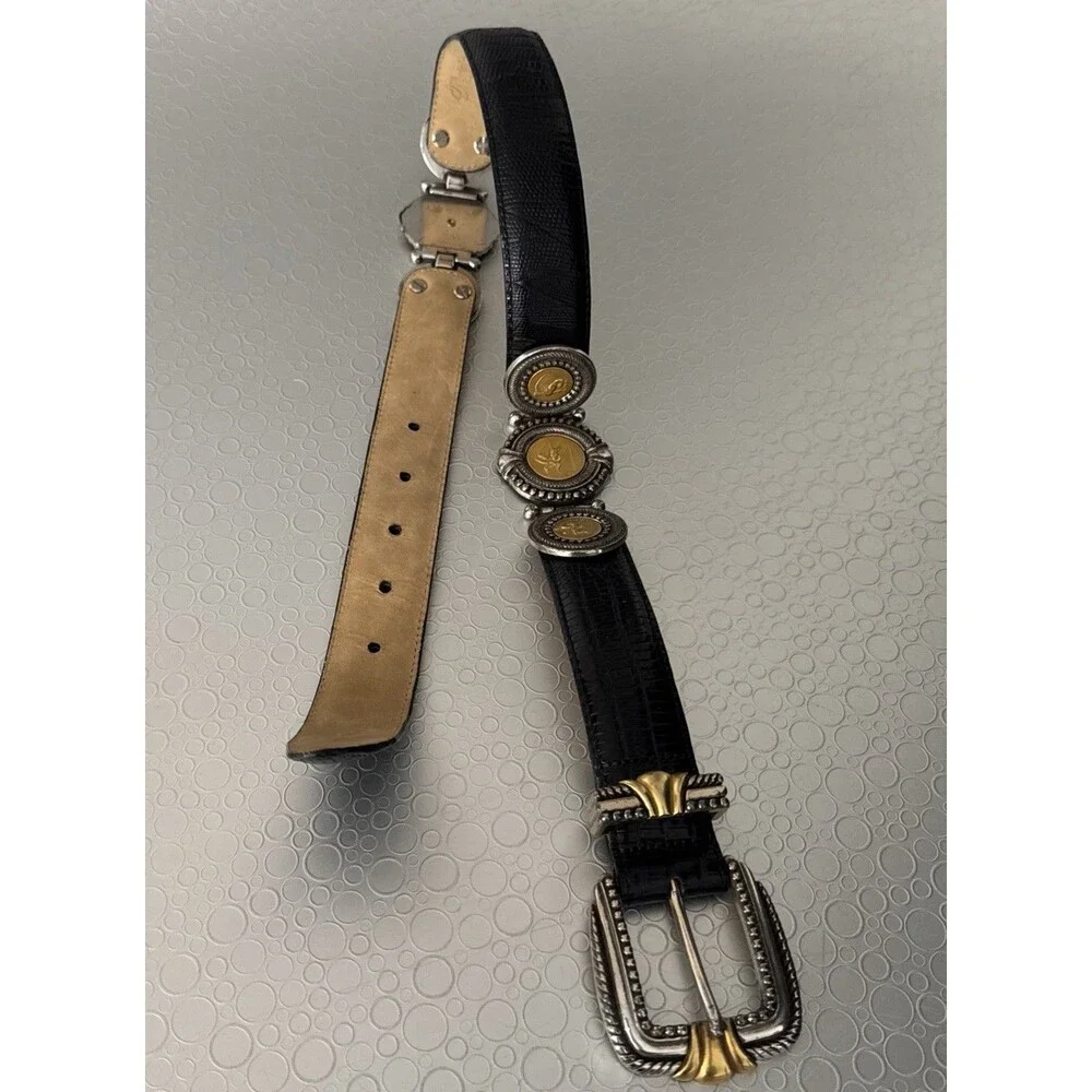 Vintage Brighton Museum Collection Golden Coins Leather Belt Black Croc S 37903